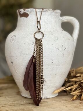 Burgundy And Gold Whimsygoth Feather Pendant Tassel Necklace